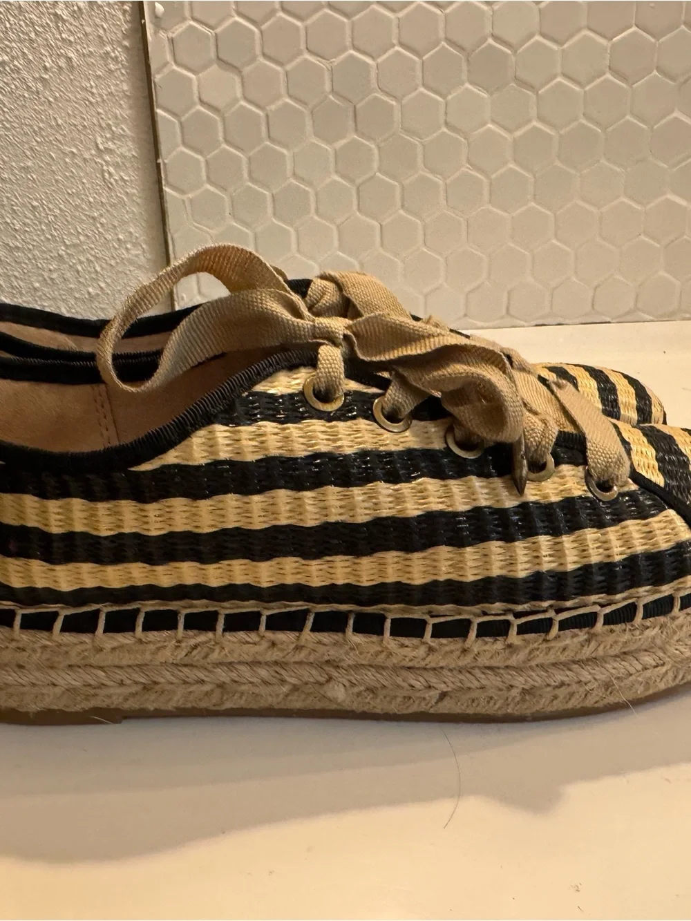 Sam Edelman Black & Natural Striped Platform Espadrille Sneaker